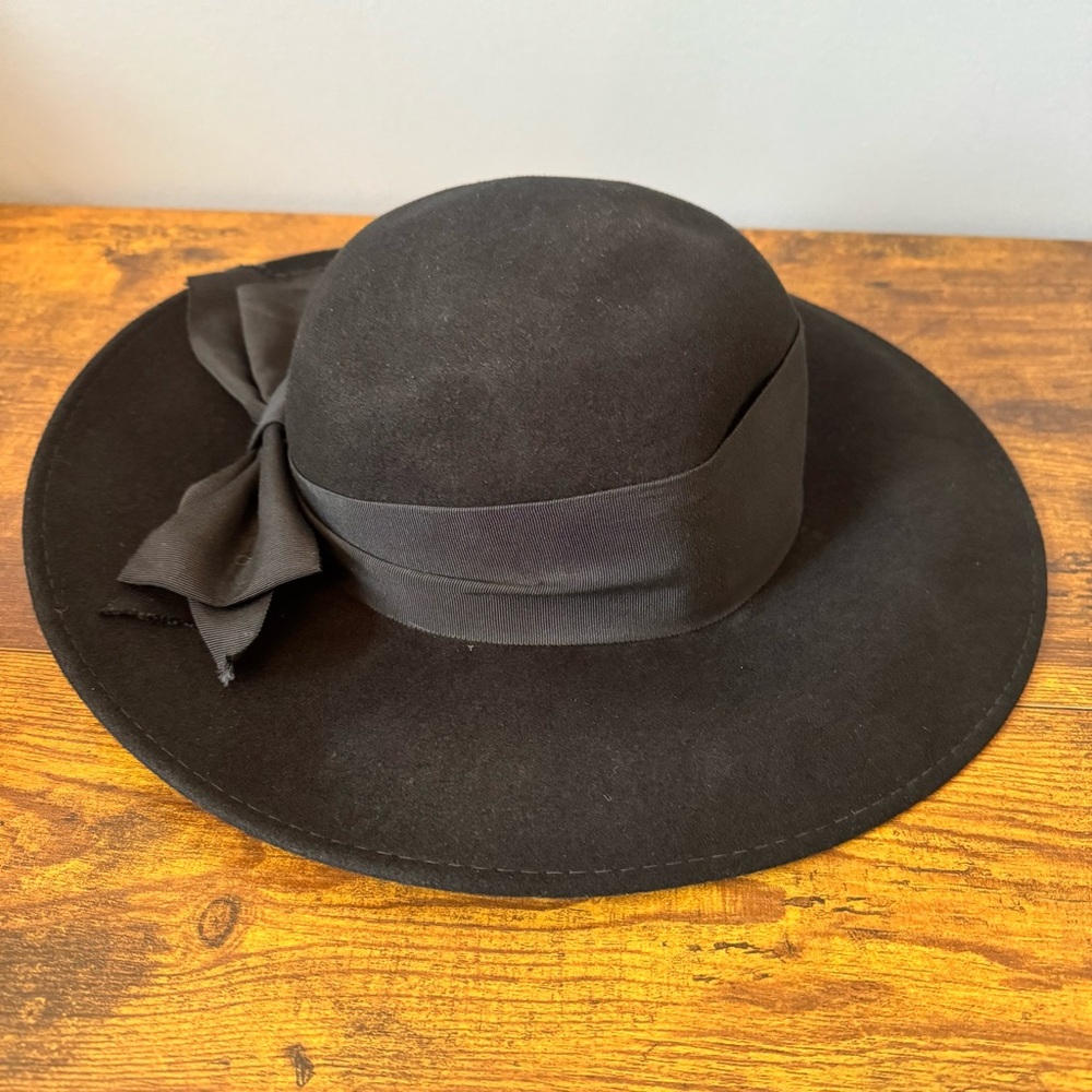 Vintage Black Wool Wide Brim‎ Bow Dress Hat USA Church Formal Round Crown